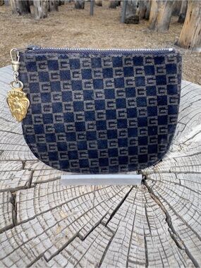 Gucci vintage GG suede Zip Pouch with Gold Charm